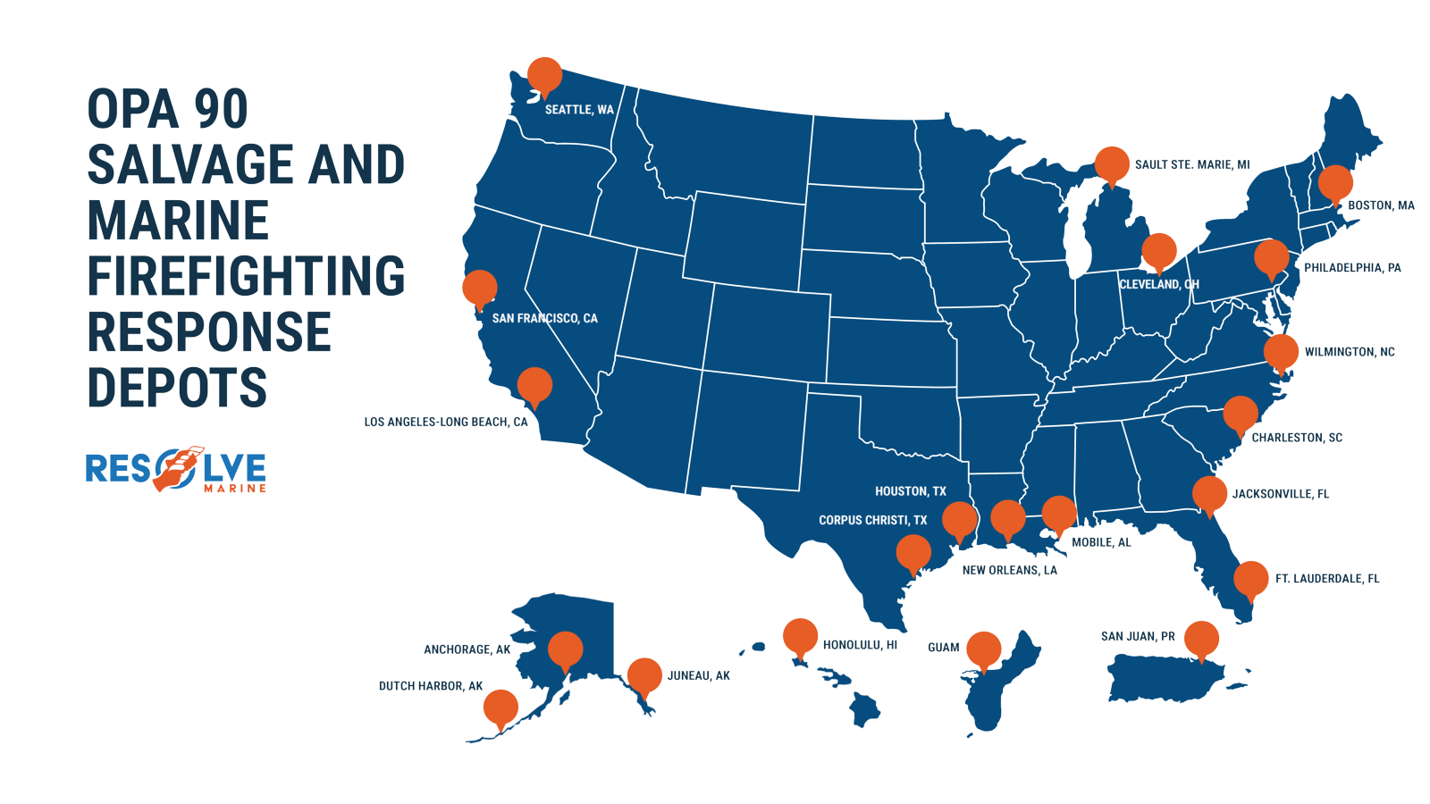 Map of the United States showing the salvage and marine firefighting response depot locations